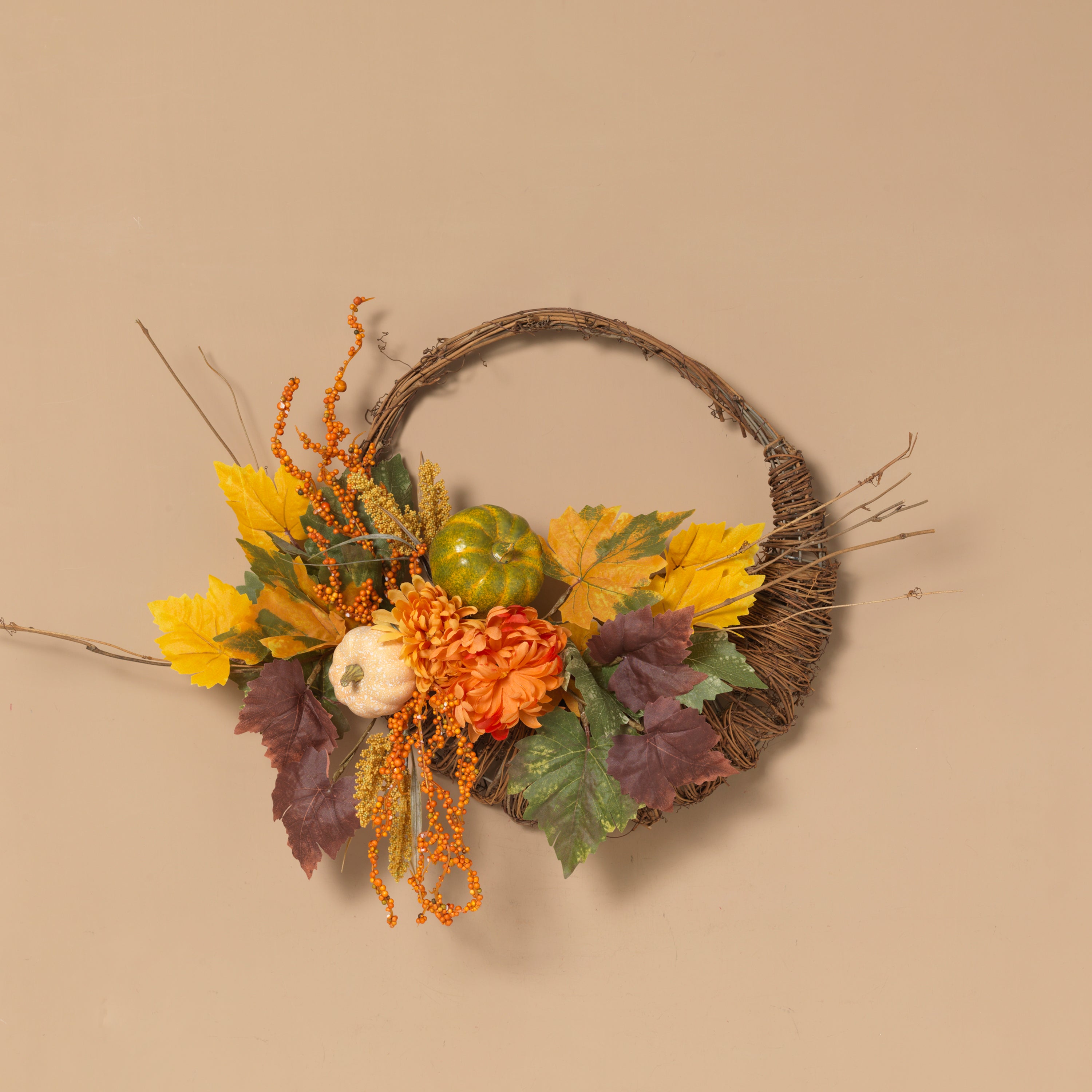 20-Inch Diameter Cornucopia Wreath with Pumplins and Berries